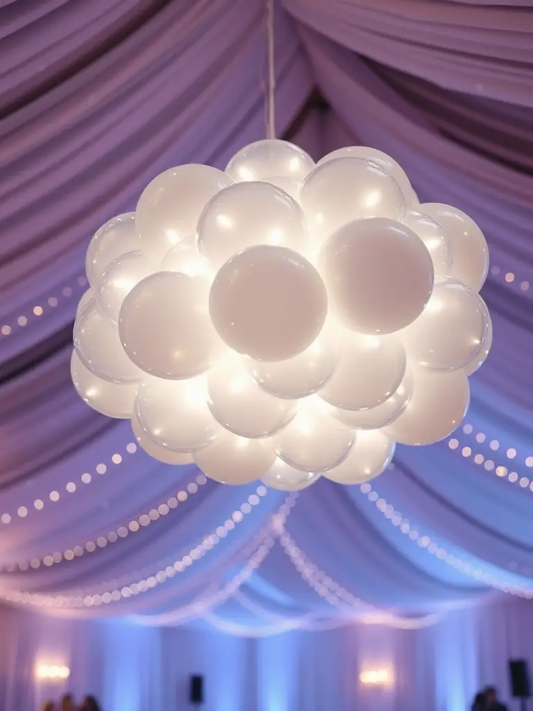 A whimsical balloon cloud suspended from the ceiling, filled with miniature LED lights to create a dreamy and enchanting atmosphere. The cloud is made of white and silver balloons.