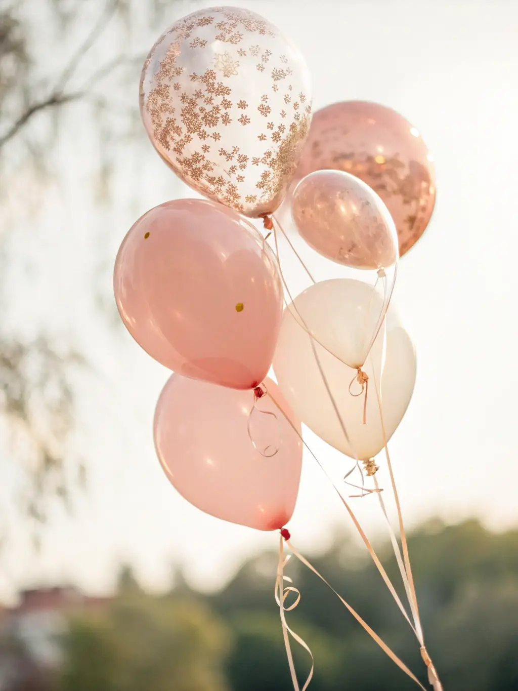 A cascade of white and blush-colored balloons arranged to resemble a waterfall, creating a romantic and elegant backdrop for a wedding ceremony. The balloons are in varying sizes and shades, with some adorned with delicate ribbons.